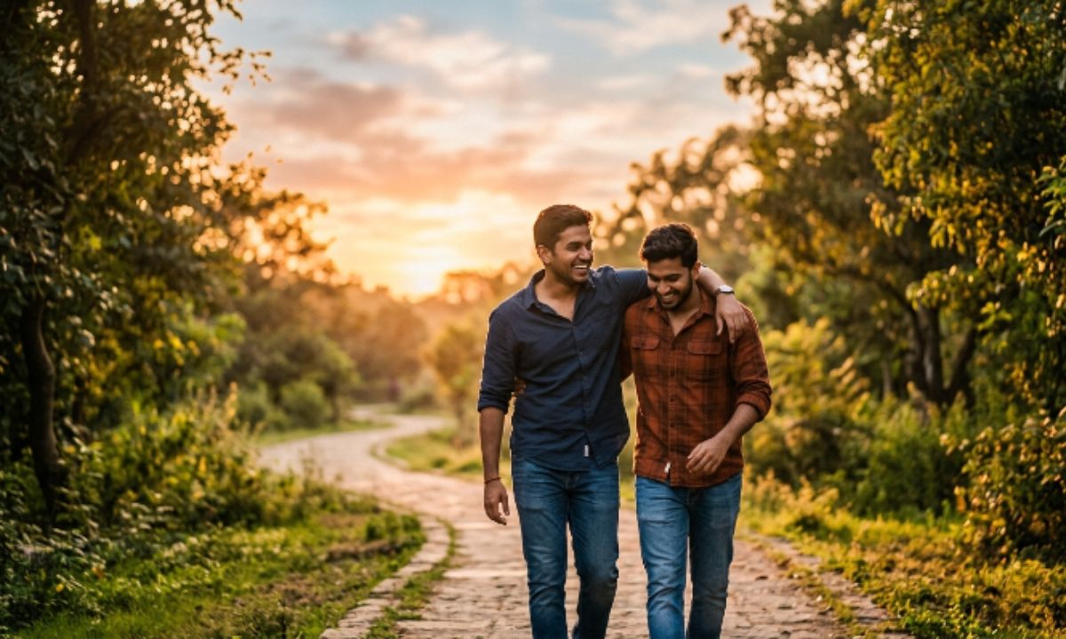 Two friends walking together at sunset